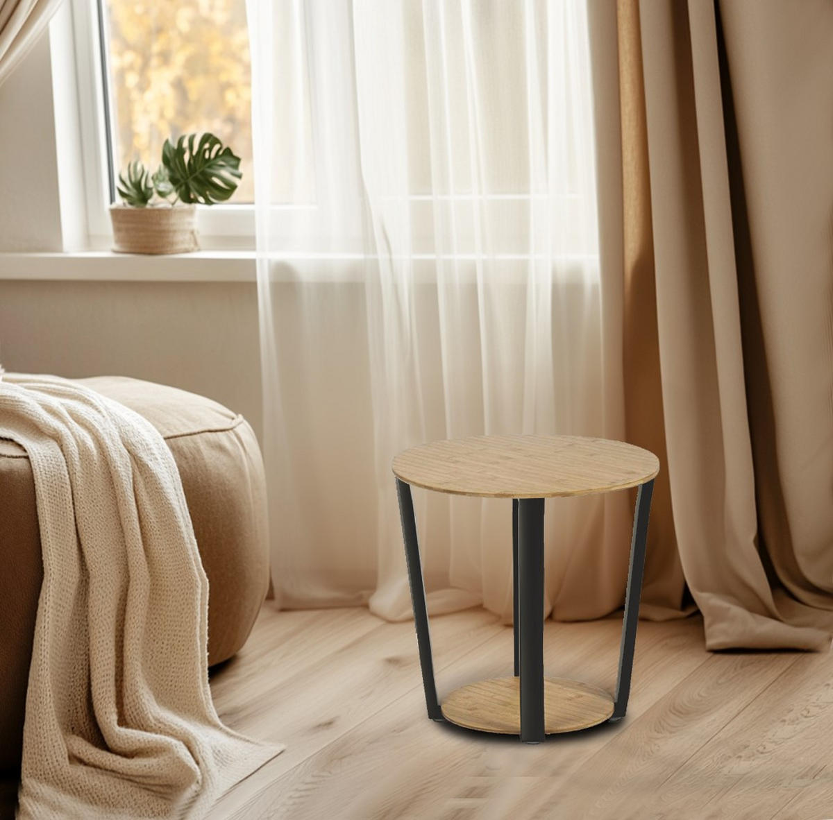 COUCHTISCH Holzoptik Metall Eichefarben Schwarz rund klein 46x52 cm - Eichefarben/Schwarz, Holzwerkstoff/Metall (46/46/52cm) - Begryf