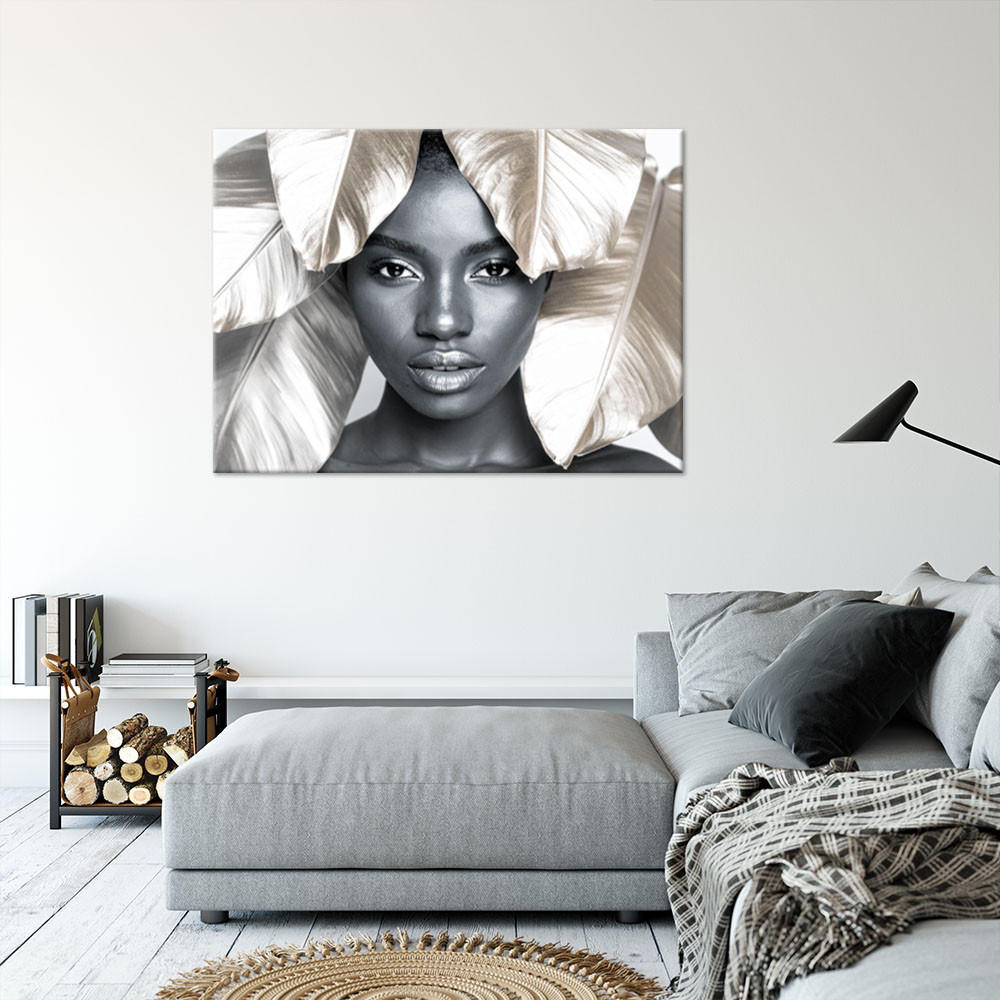 LEINWANDBILD Frau mit goldenen Blättern auf dem Kopf 60x40cm - Grau, Textil (60/40cm) - Feeby