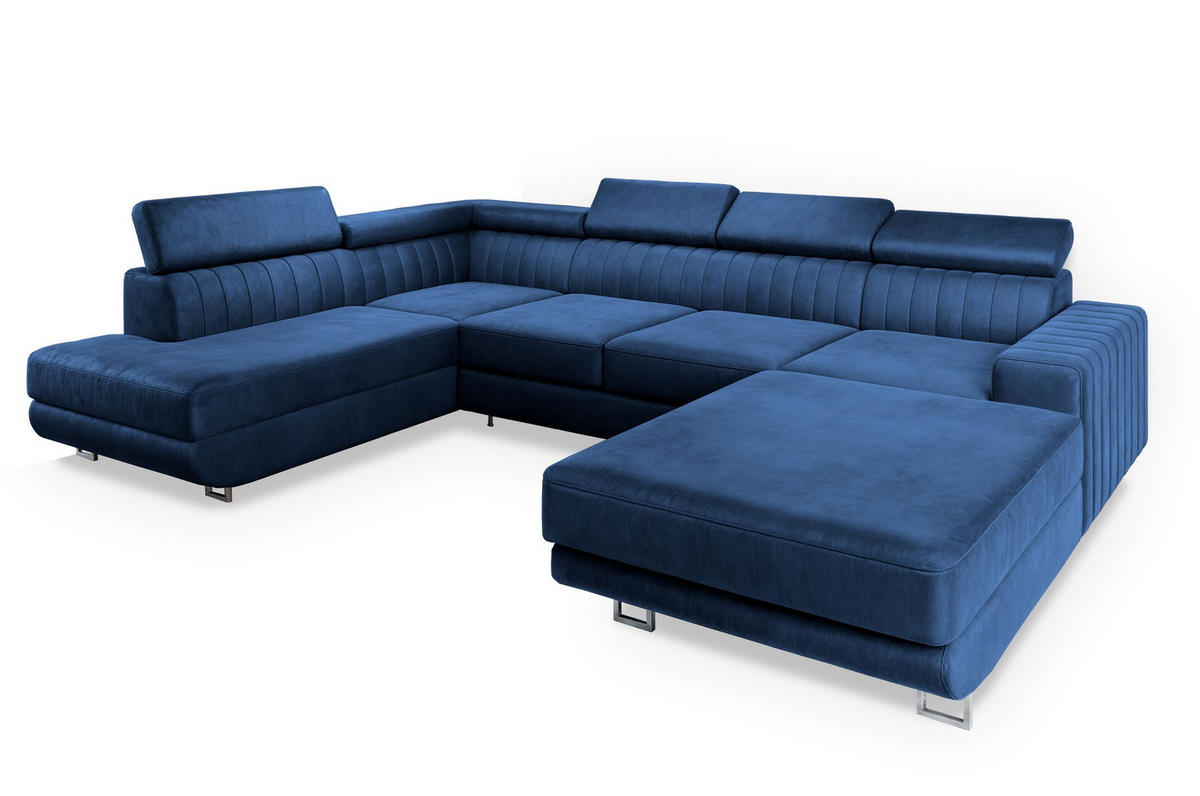 WOHNLANDSCHAFT SIENA L-S Blau Velours-Stoff mit Schlaffunktion - Blau, Holz (335/89/190cm) - MASSENO