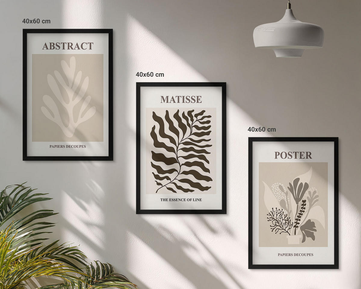 BILDER SET 3er Set - 40x60 cm Schwarzer Rahmen - Beige-braune Pflanzenmuster - Schwarz, Kunststoff (40/60cm) - TULUP