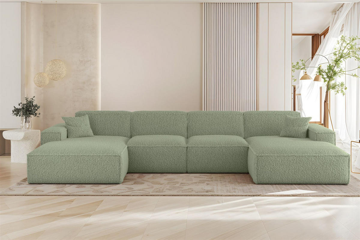 WOHNLANDSCHAFT Celes Premium In Sven - Grün, Holzwerkstoff/Textil (378/73/165cm) - Fun Möbel