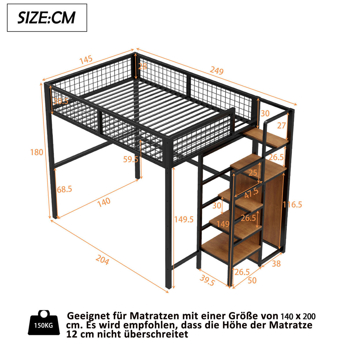 HOCHBETT 140/200 cm Schwarz aus Metall mit Leiter und Kleiderschrank - Schwarz, Metall (140/200cm) - OKMYHOME