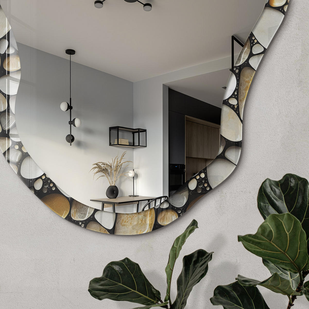 SPIEGEL 90x45 cm asymmetrisch mit Druck - Steinmosaik - Transparent, Glas (45/90/0.4cm) - TULUP