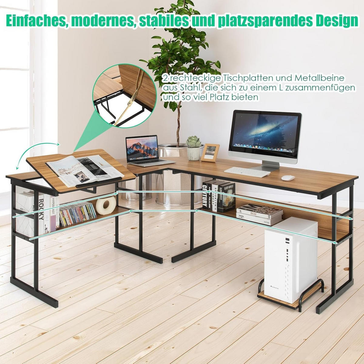 COMPUTERTISCH Walnuss - Walnussfarben, Holzwerkstoff (150/170/75cm) - COSTWAY
