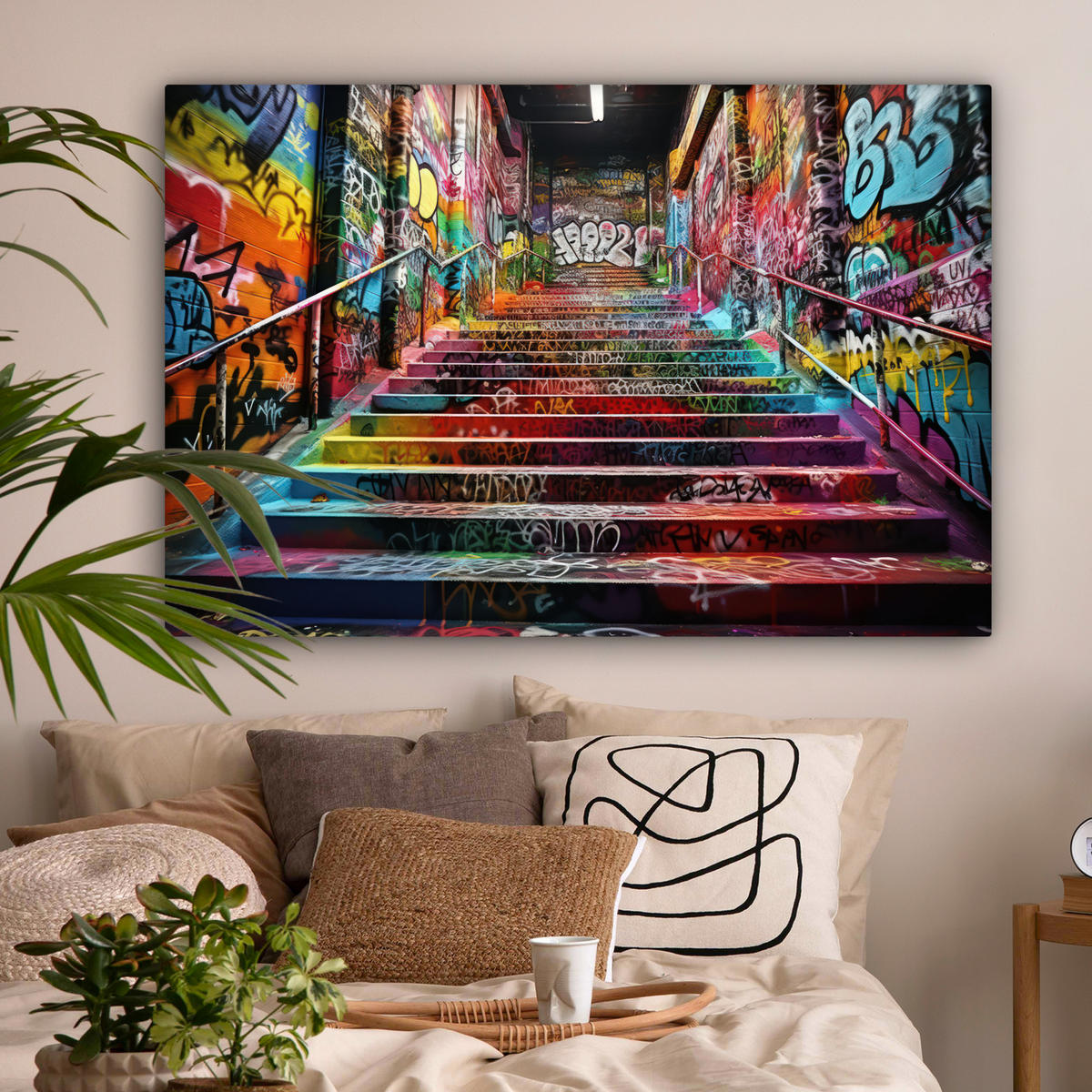 LEINWANDBILD Treppe - Graffiti - Farben - Kunst Groß 140x90 cm - Multicolor, Textil (140/90cm) - MuchoWow