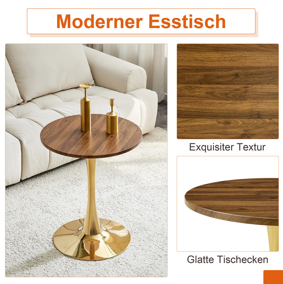 BEISTELLTISCH 60/72 cm in Walnussfarben/Gold mit Metallfuß - Goldfarben, Holzwerkstoff (60/60/72cm) - Flora Grace