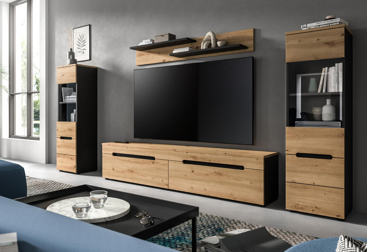WOHNWAND Artisan Eiche, grau, Set 4-teilig 270 cm hängend oder stehend, Soft-Close, Cooper - Schwarz/Eiche Artisan, Glas/Holzwerkstoff (272/141/33cm)