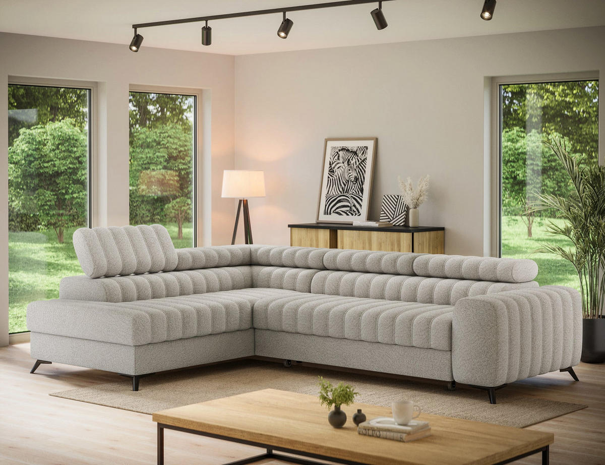 KANEDO Ecksofa mit Schlaffunktion und Bettkasten – Modernes Designsofa, verstellbare Kopfstützen, Metallfüße - Beige, Kunststoff (269/86cm) - Wohnideebilder