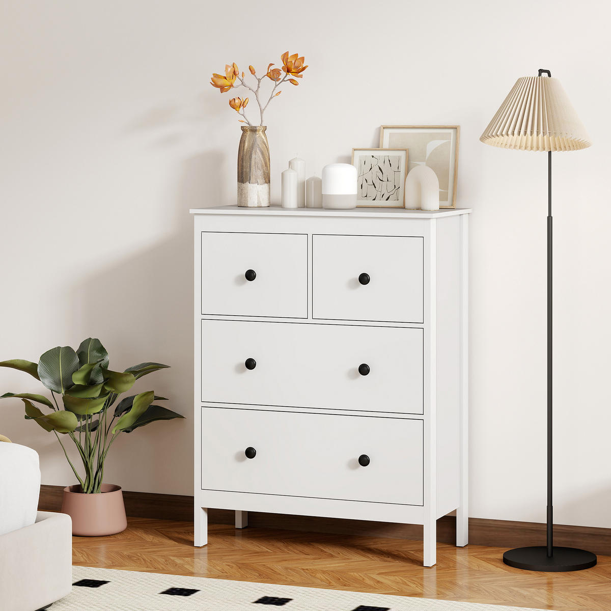 KOMMODE Moderner Sideboard mit 4 Schubladen für Wohnzimmer Weiß - Schwarz/Weiß, Holzwerkstoff/Kunststoff (35/97/74cm) - HOMCOM
