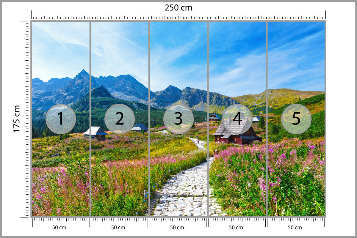 FOTOTAPETA Pre Obývaciu Izbu Kamenný Chodník Hory Stromy Rastliny Domy 250 x 175 cm - sivá/zelená, papier (250/175cm) - Muralo