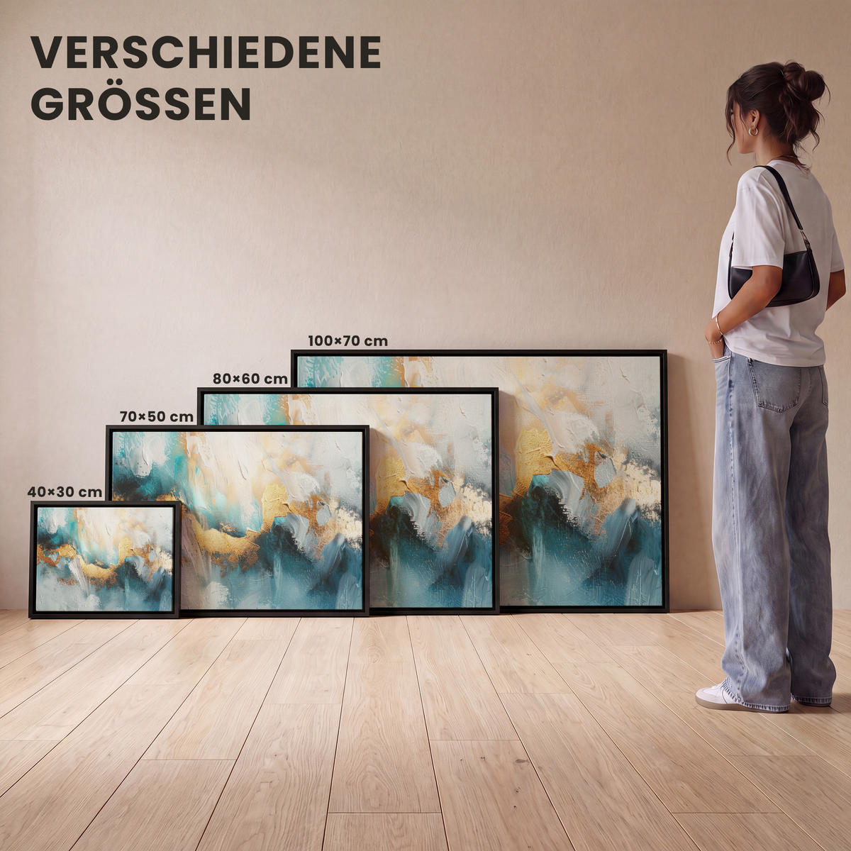 LEINWAND Bilder mit Rahmen - Abstrakt - Kunst - Gold - Blau - 40x30 - Petrol, Textil (40/30cm) - MuchoWow