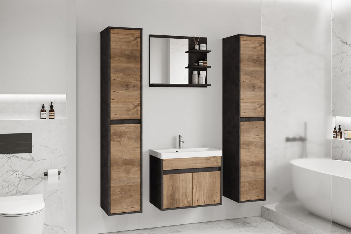 BADEZIMMERMÖBEL-SET Luani XL Matera / Kastanie - Beige/Schwarz, Holzwerkstoff (120.4/160/34.5cm) - Selsey