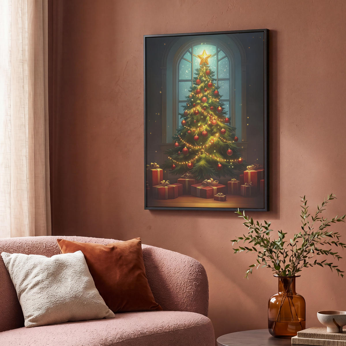 LEINWAND Bilder mit Rahmen - Weihnachtsbaum - Geschenk - Winter - 70x100 - Grün, Textil (70/100cm) - MuchoWow