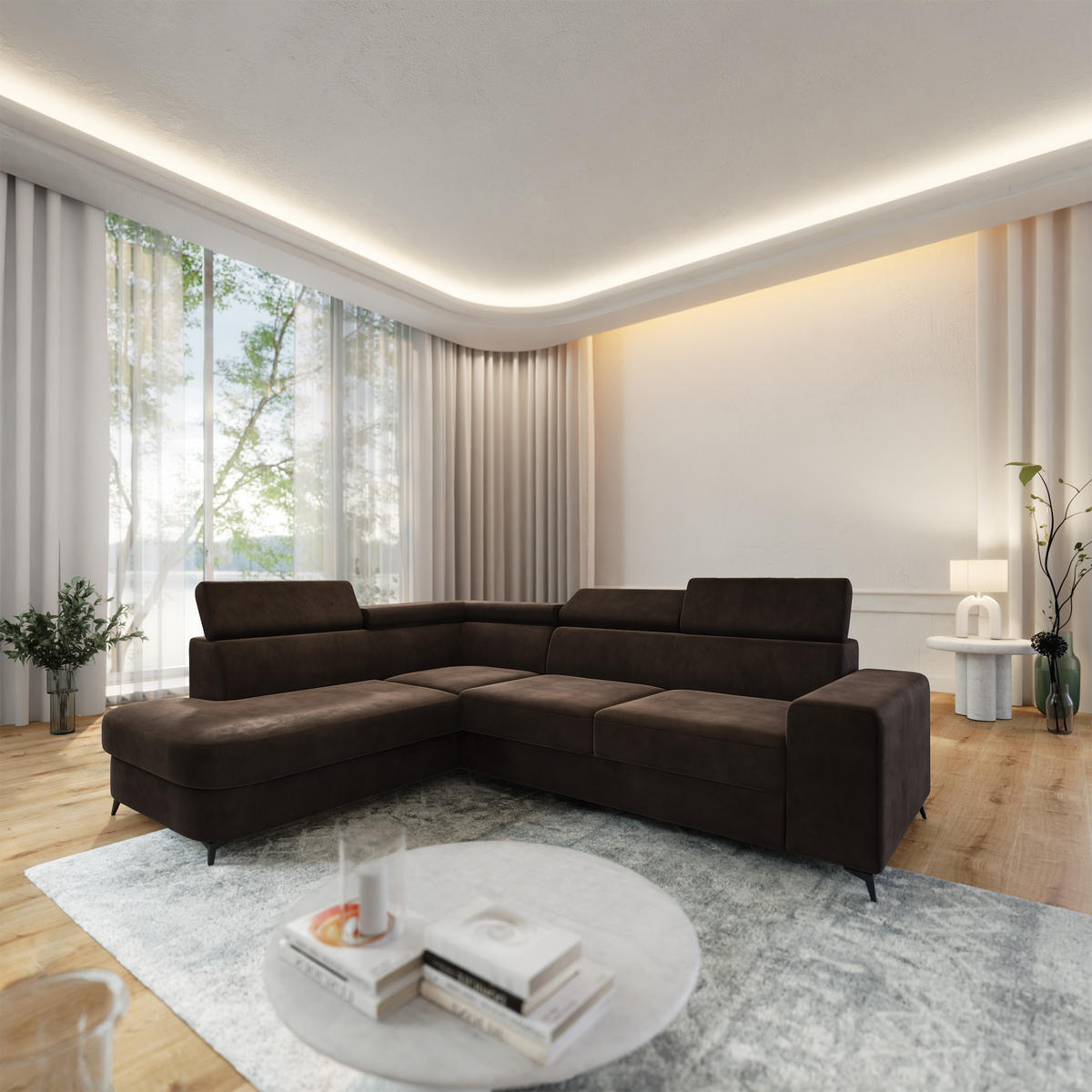 ECKSOFA ALVORO L-S Braun Velours-Stoff mit Schlaffunktion - Braun, Holz (253/190cm) - MASSENO