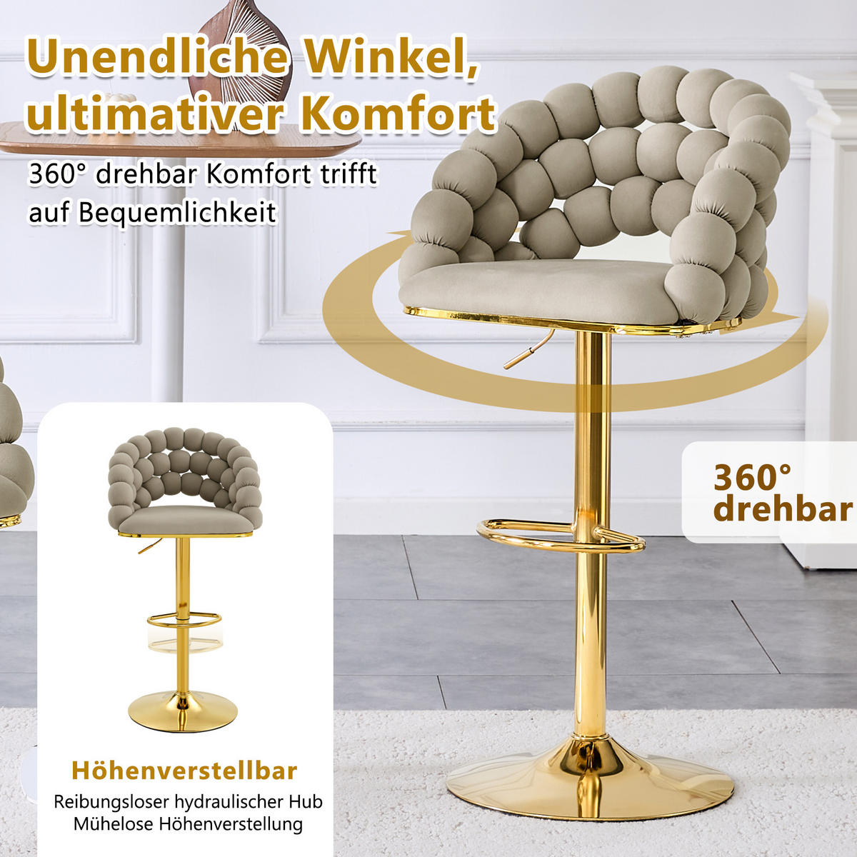 BARHOCKER 2er-Set aus Samt mit Gold-Gestell, Kugelketten-Rückenlehne und höhenverstellbar - Grau, Textil (45/112/52cm) - Urban Meuble