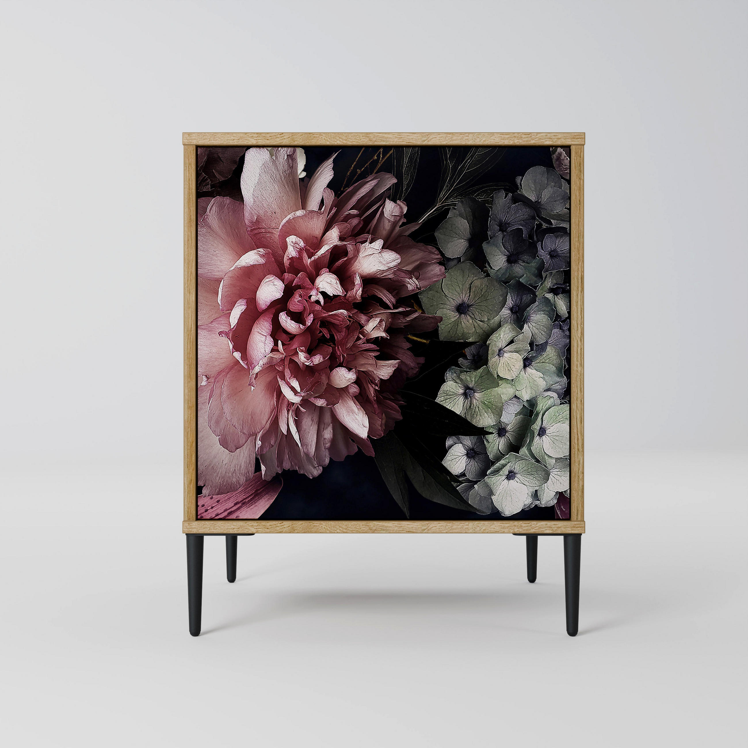 SIDEBOARD PURE BLOSSOM, Eichefarben, 57,5x42x72,5 cm, Schwarze Metallfüße - Eichefarben/Multicolor, Holzwerkstoff/Metall (57.5/72.5/42cm) - SpaceRebels