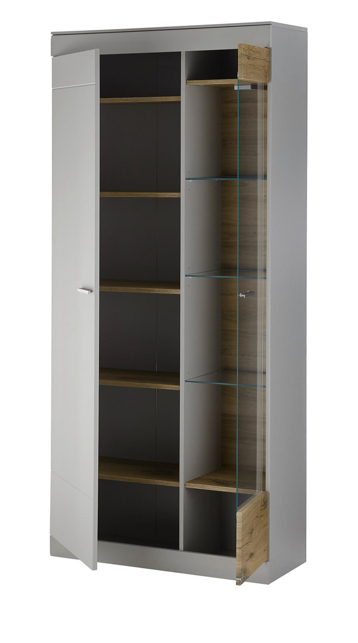 VITRINE grau matt, Zinneiche 90 cm, Vitrinenschrank mit Soft-Close - Eichefarben/Silberfarben, Glas/Holzwerkstoff (90/199/35cm) - Furn.Design