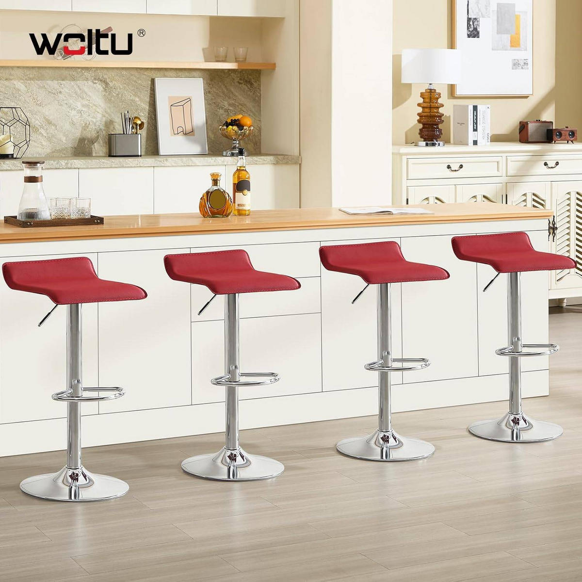 BARHOCKER 2er Set, Höhenverstellbarer, aus Kunstleder Metall - Bordeaux, Metall (38.5/84/39.5cm) - Woltu