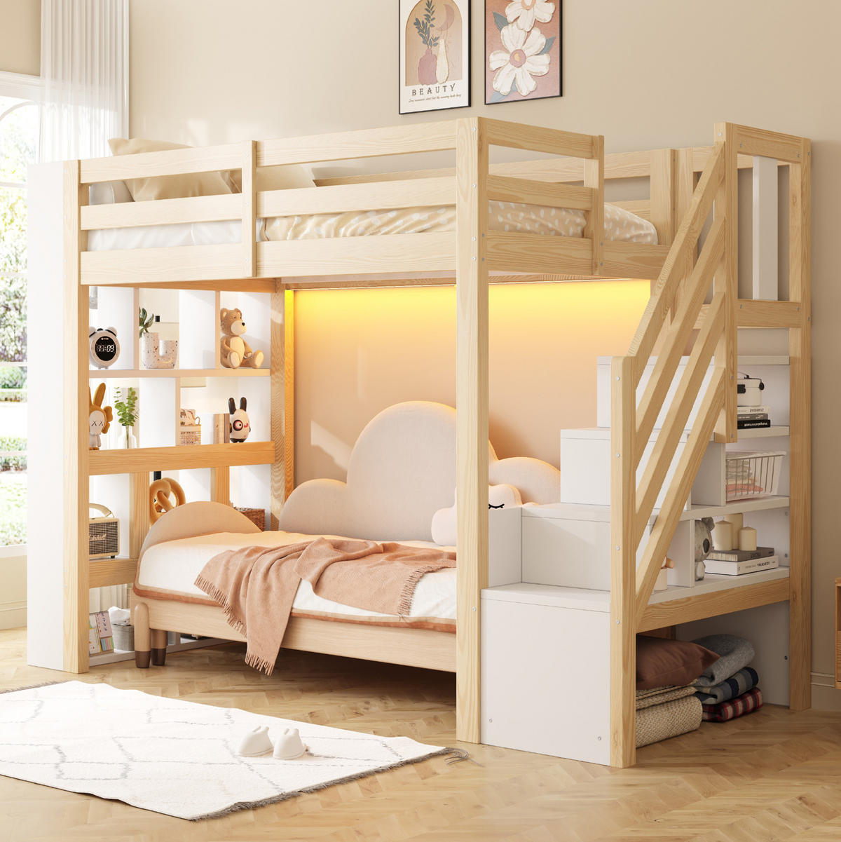 HOCHBETT aus Kiefernholz 90x200 cm Natur/Weiß mit Stauraumtreppe, Regalfächern und LED-Beleuchtung - Weiß, Holz (90/200cm) - Modfu