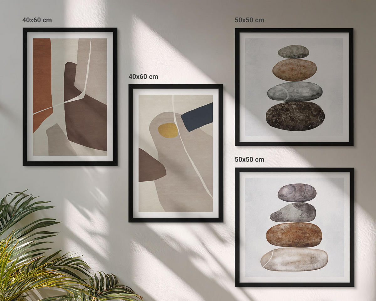 BILDER SET 4er Set - 50x50 cm & 40x60 cm Schwarzer Rahmen - Abstrakte Boho-Formen - Schwarz, Kunststoff (50/50cm) - TULUP