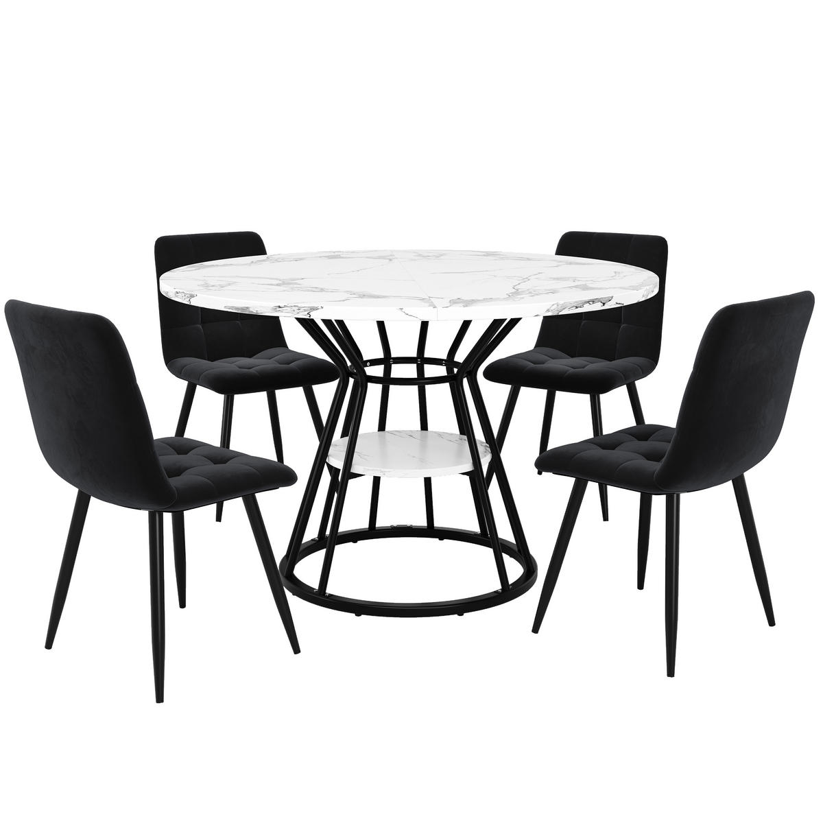 ESSTISCHSET 5-Teilig Rund 100 Cm, Marmorplatte, 4 Schwarze Samtstühle - Schwarz, Metall (71.17/17.04/76.2cm) - FLIEKS