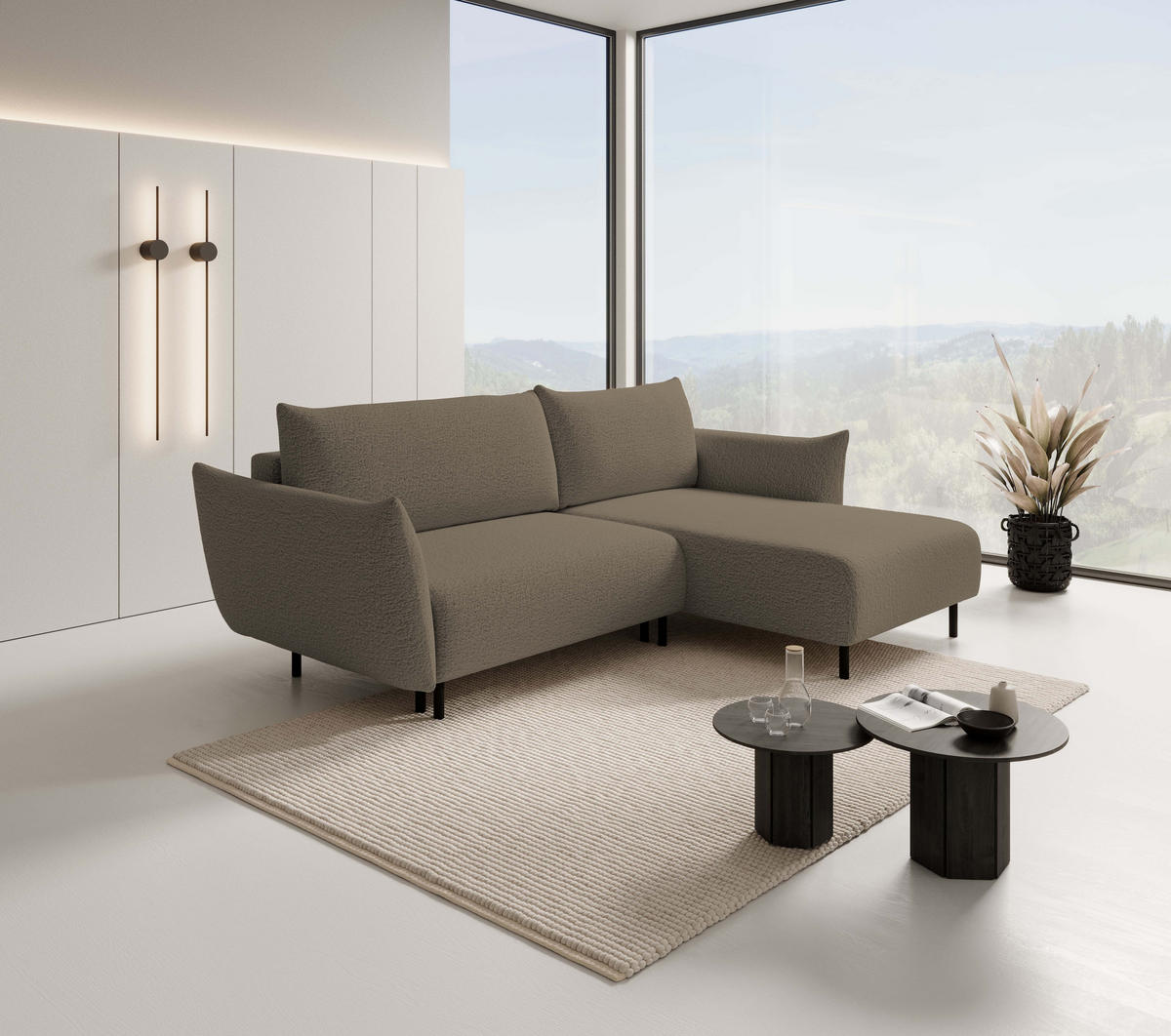 ECKSOFA ADEL mit Schlaffunktion und Bettkasten, L-förm, Metallbeine, verstellbar lose Rückenkissen, freistehend, RECHTS, 257x171x90 cm, Light brown - Hellbraun, Holz/Textil (257/171cm) - DomoHome