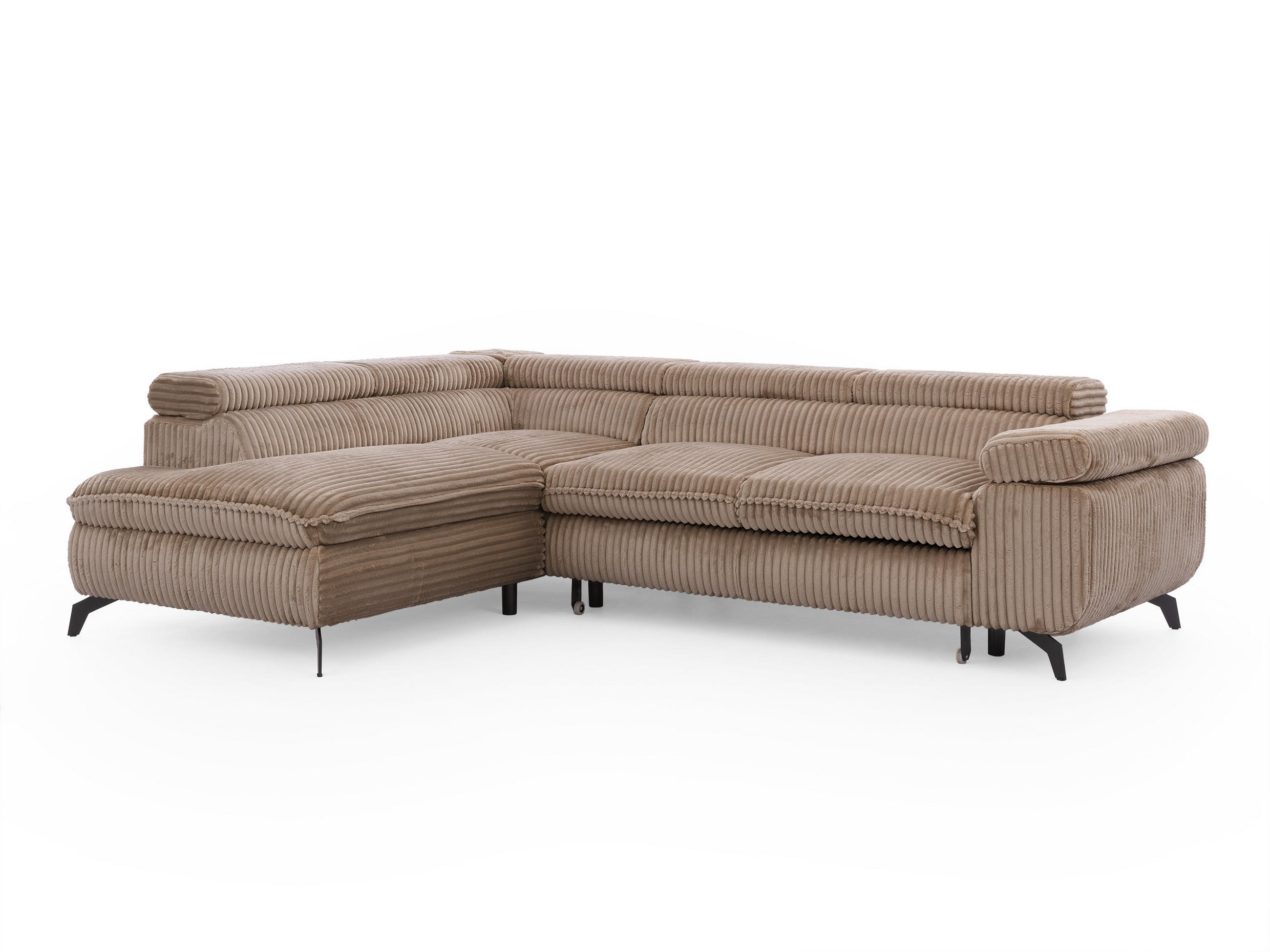 ECKSOFA mit Schlaffunktion und Bettkasten Bonnie aus Beige Cord-Stoff mit verstellbaren Kopfstützen und Armlehne - Ottomane links - Ecru/Beige, Holz/Textil (275/210cm) - S-Style Möbel