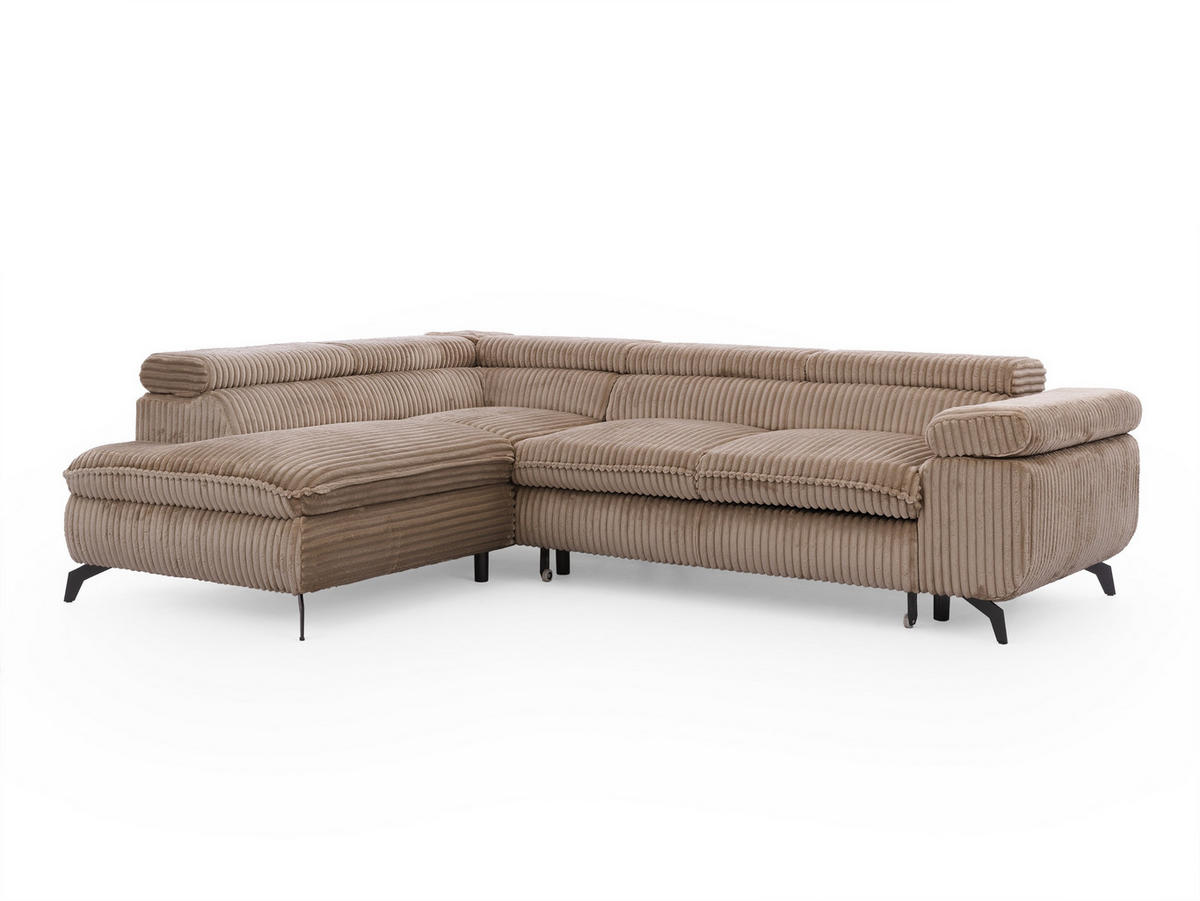 ECKSOFA mit Schlaffunktion und Bettkasten Bonnie aus Beige Cord-Stoff mit verstellbaren Kopfstützen und Armlehne - Ottomane links - Ecru/Beige, Holz/Textil (275/210cm) - S-Style Möbel