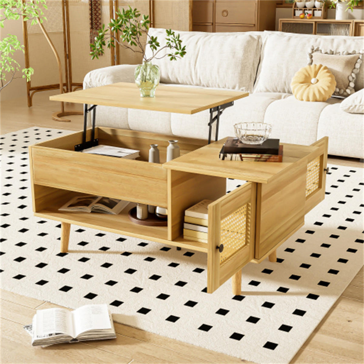 COUCHTISCH mit Stauraum & Rattan-Türen, Holzfarbe, 103x50x60 cm - Braun, Holzwerkstoff (46.5/103/46cm) - Blomus
