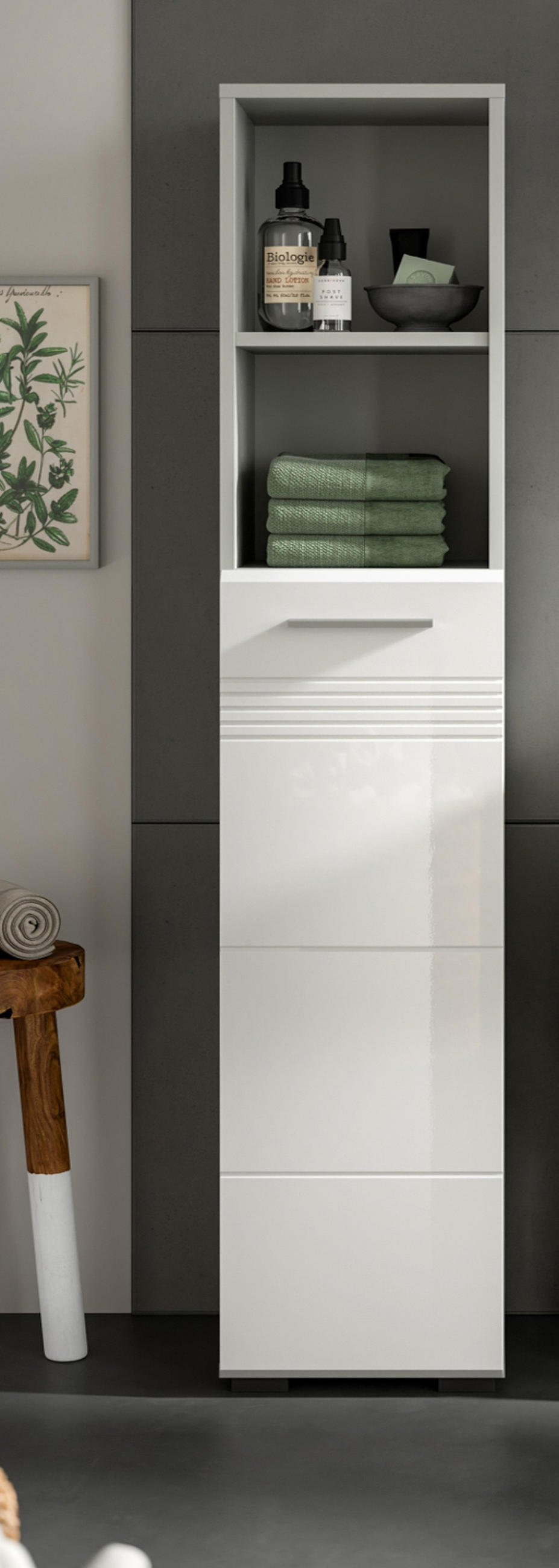 HOCHSCHRANK weiß Hochglanz, grau 30 cm, Badschrank mit Soft-Close - Weiß Hochglanz/Silberfarben, Holzwerkstoff/Kunststoff (30/150/30cm) - Inn.Furn