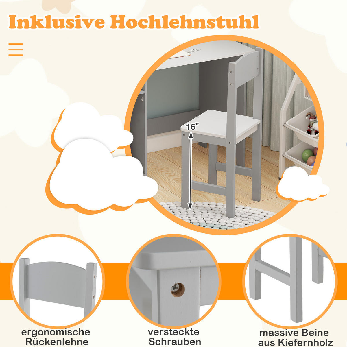 KINDERSCHREIBTISCH mit Stuhl grau(2-tlg) - Grau, Holzwerkstoff (90/85.5/45cm) - COSTWAY