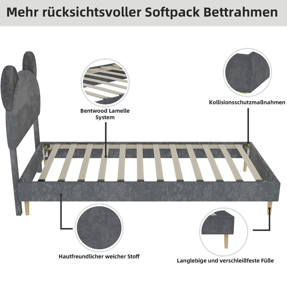 POLSTERBETT 90/200 cm grau aus Stoff und Metall mit Stauraum - Grau, Textil (90/200cm) - OKWISH