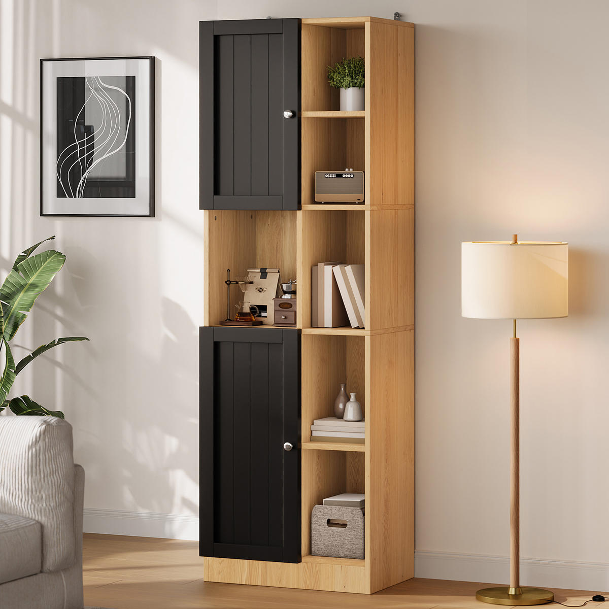 MEHRZWECKSCHRANK DE-38746 50/35,5/170 cm 6 offene Regale und 2 Türen Eiche - Naturfarben, Holzwerkstoff (50/170/35.5cm) - ComfortXL