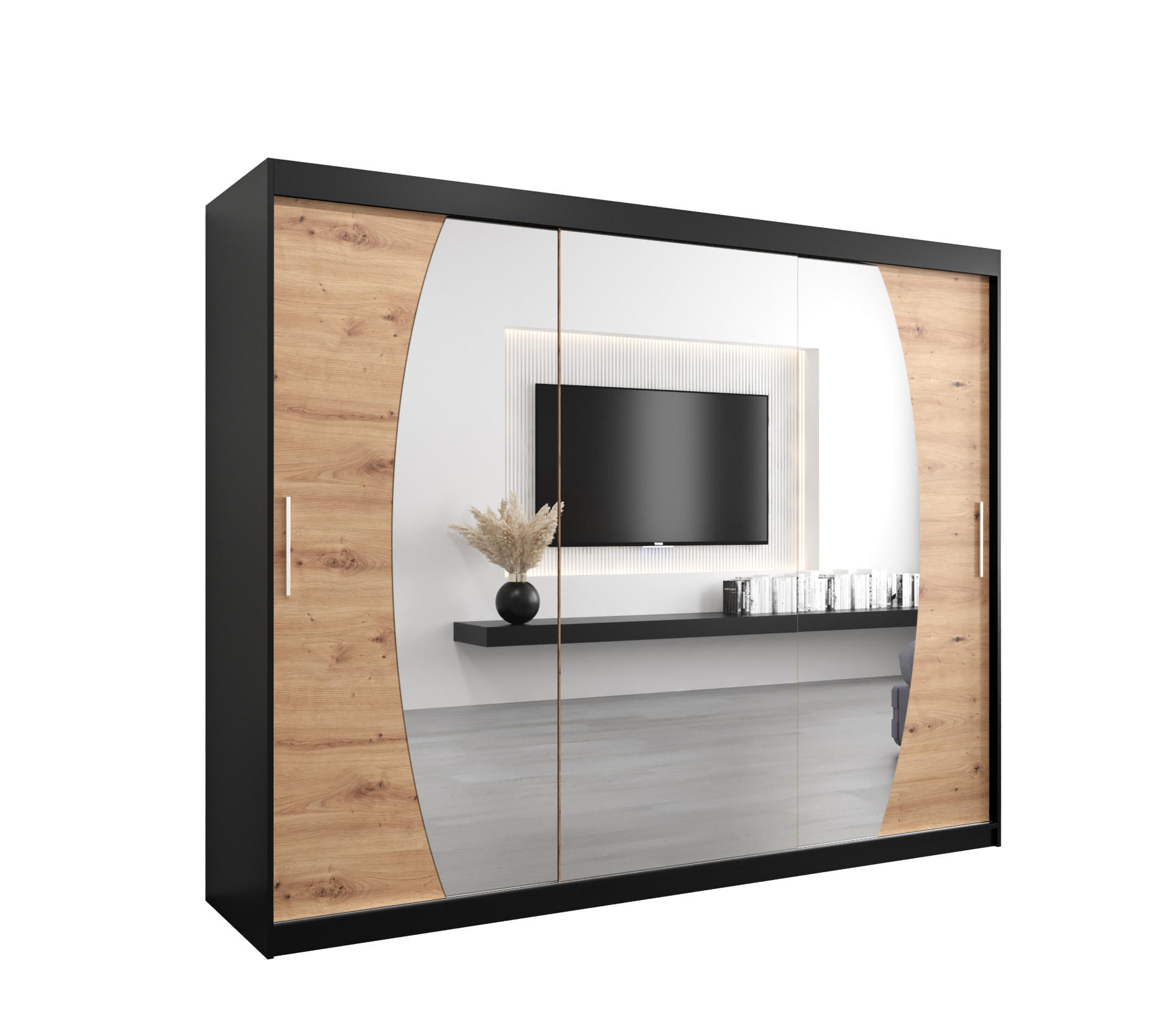 Abiks Möbel Schwebetürenschrank Schwarz, Eiche Artisan 250x200x62 cm