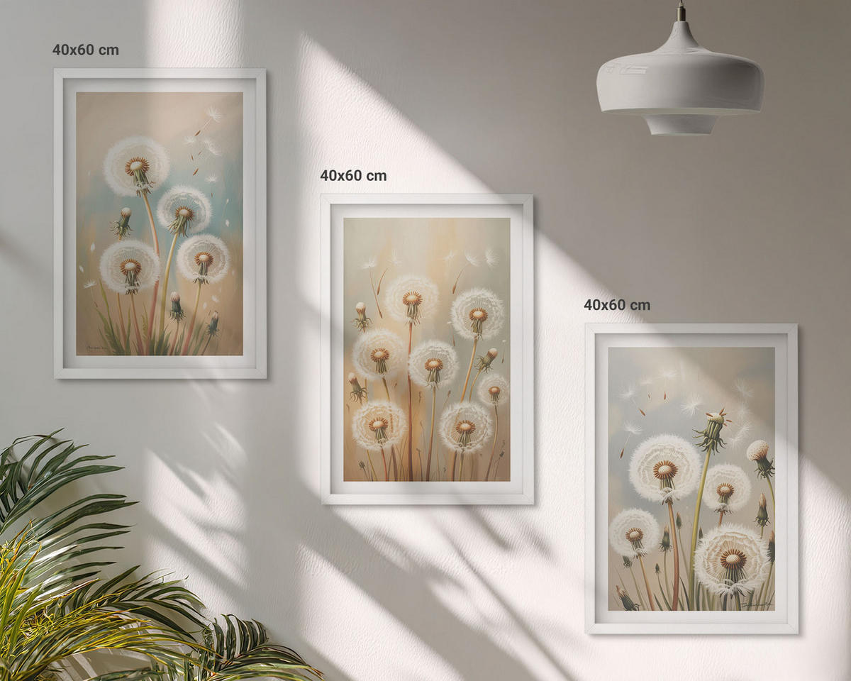 BILDER SET 3er Set - 40x60 cm Weißer Rahmen - Pastellfarbene Löwenzahnblüten - Weiß, Kunststoff (40/60cm) - TULUP