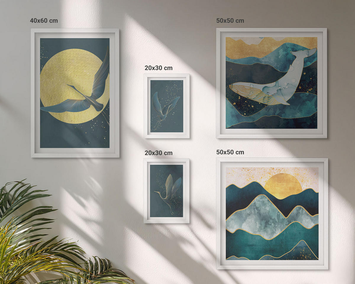WANDBILDER 5er-Set - 50x50 cm & 20x30 cm & 40x60 cm Weißer Rahmen - Vögel, Kraniche, Mond, Berge - Weiß, Kunststoff (40/60cm) - ArtPrintCave