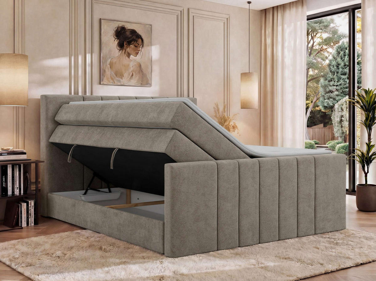 BOXSPRINGBETT INERO DUO KING 180/200 - Greige Stukture - Topper Visco - H3 - Greige/Schwarz, Kunststoff/Textil (180/200cm) - MKS