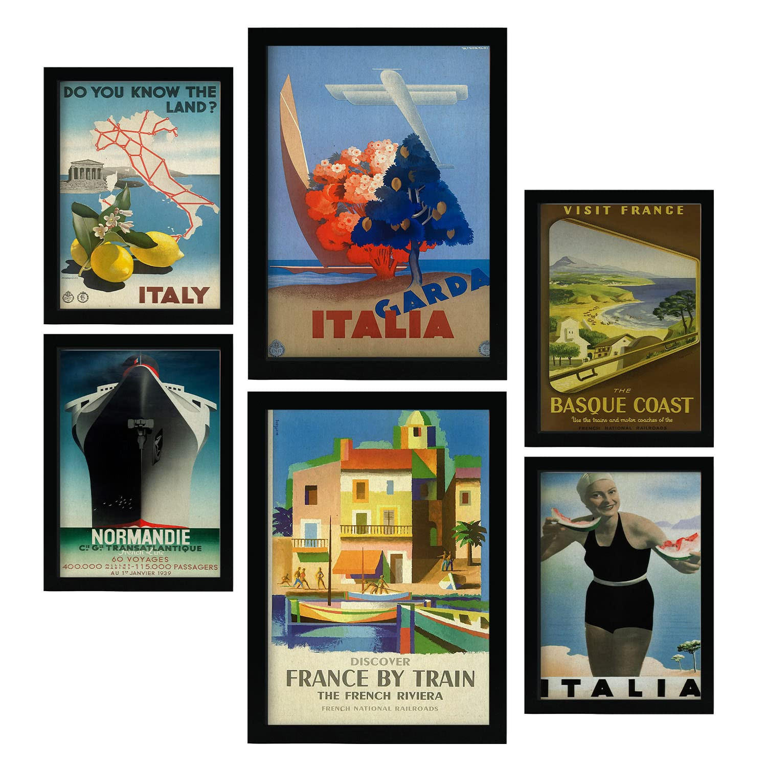 POSTER Set Mit 6 Mittelmeerländer Vintage Tourismus Werbetafeln A3 & A4 Rahmenlos - Klar, Papier (29/3cm) - Nacnic