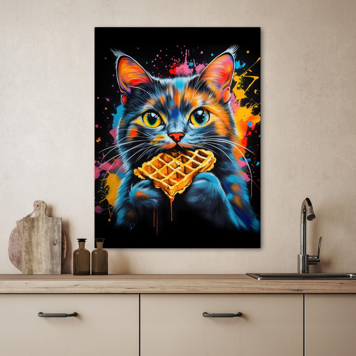 LEINWANDBILD Katze - Graffiti - Bunt - Waffel - Essen 60x80 cm - Türkis, Textil (60/80cm) - MuchoWow