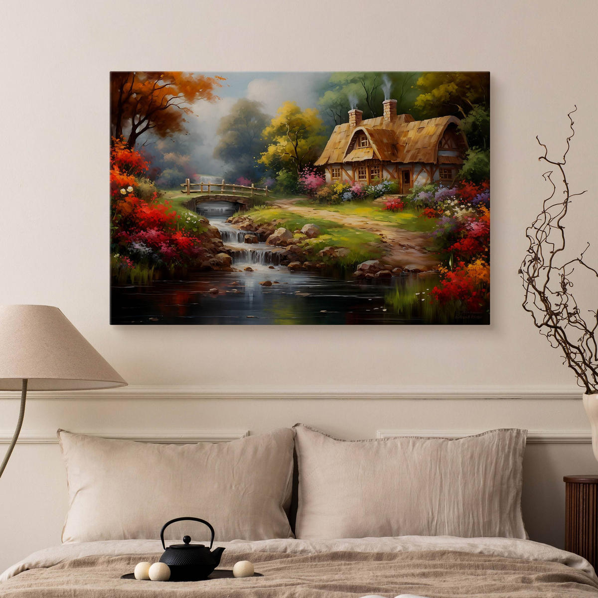 LEINWANDBILD ländlichem Häuschen Wald Natur Landschaft 120cm x 80cm - Beige/Rot, Textil (120/80cm) - Muralo