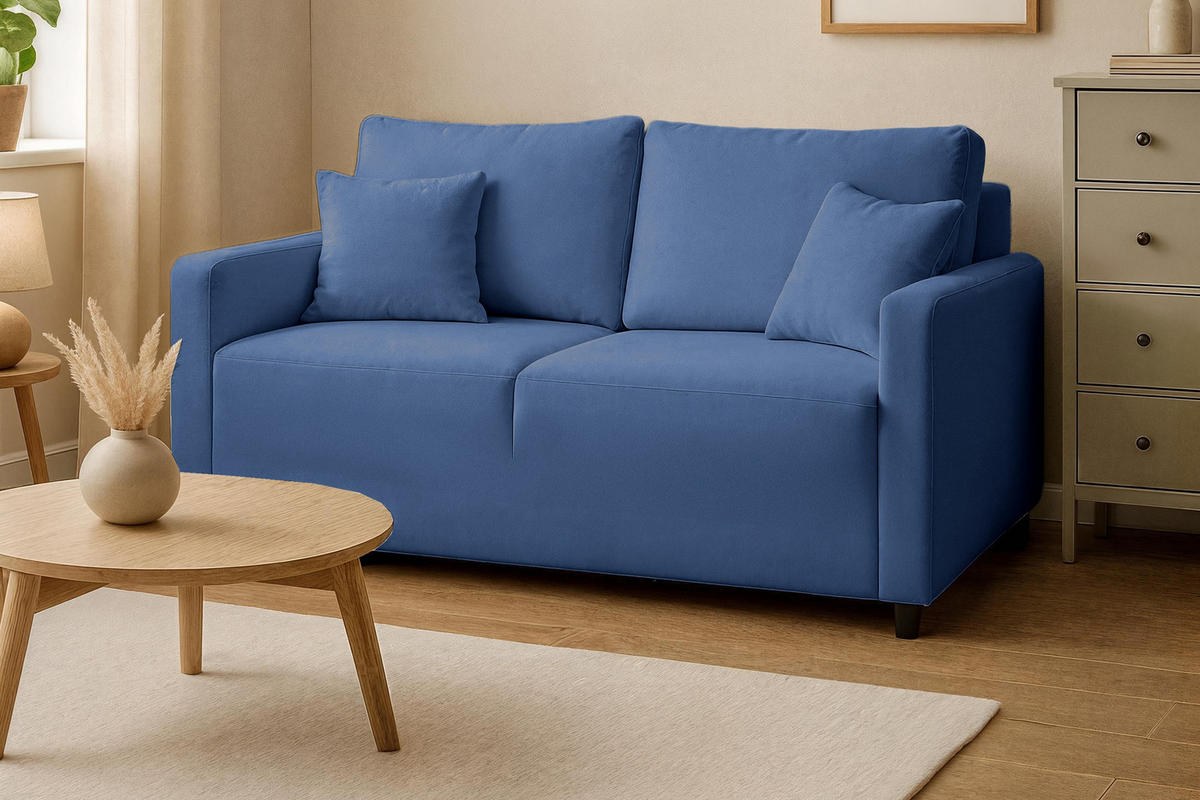 SOFA Mira Blau, Zweisitzer Sofa, mit Schlaffunktion - Blau, Holzwerkstoff/Textil (170/99/114cm) - Bettso
