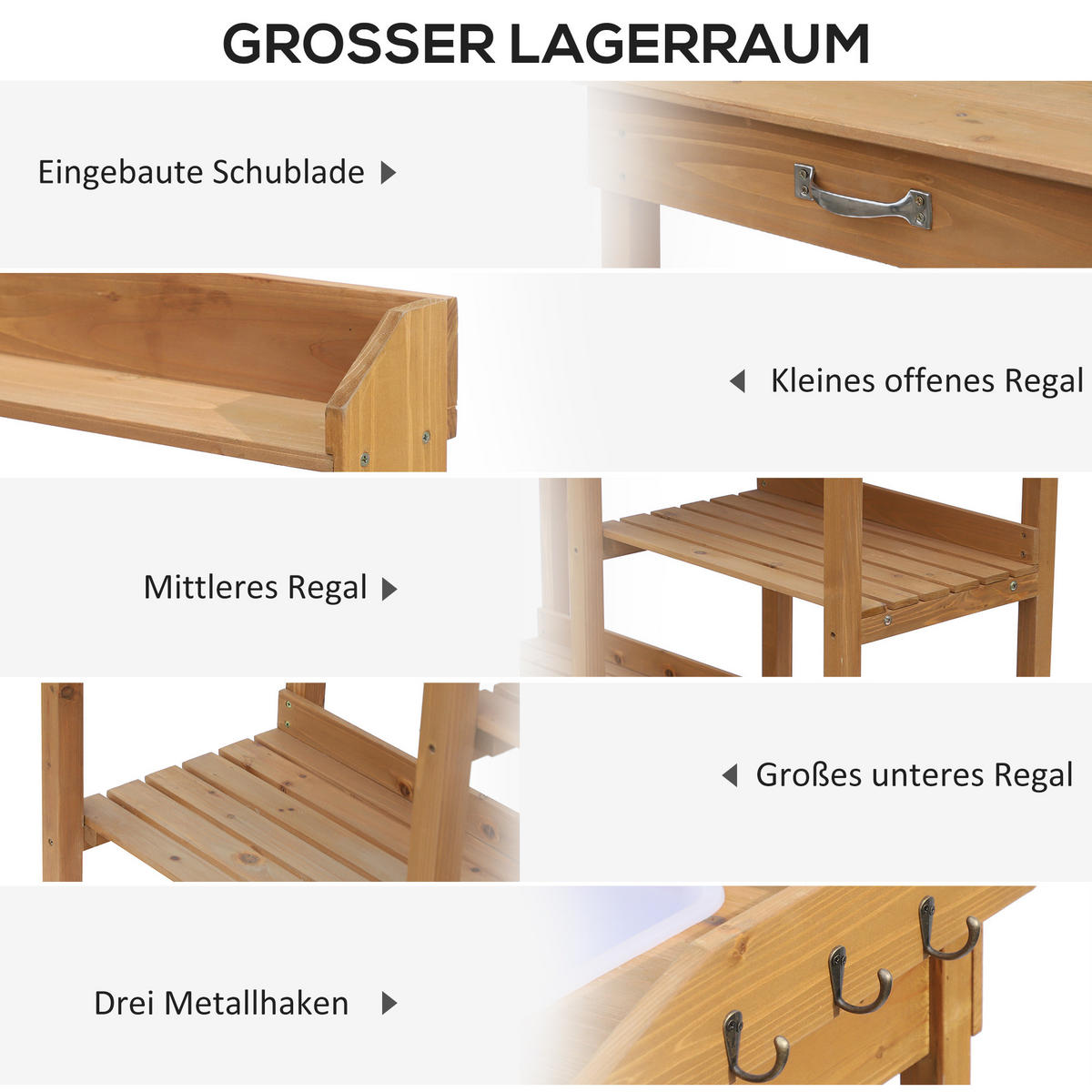 PFLANZTISCH Gärtnertisch Blumentisch mit Wanne Garten, Tannenholz, Natur - Fichtefarben, Holz (117/45/121cm) - Outsunny