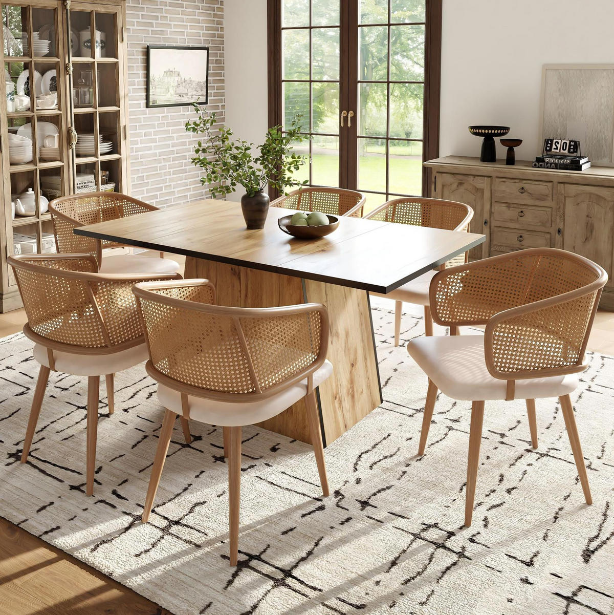 ESSZIMMERSTUHL 6er-Set mit Rattan-Rückenlehne 47 x 51 x 79 cm Beige Brown - Beige, Holz (51/79/47.2cm) - Meubliv