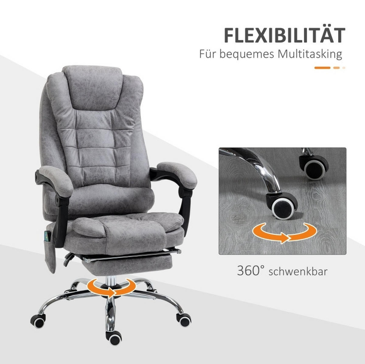 BÜROSTUHL in Grau 70x65x119 cm mit Massage- und Heizfunktion, neigbarer Rückenlehne und Fußstütze - Grau, Textil (65/119/70cm) - IVMEU