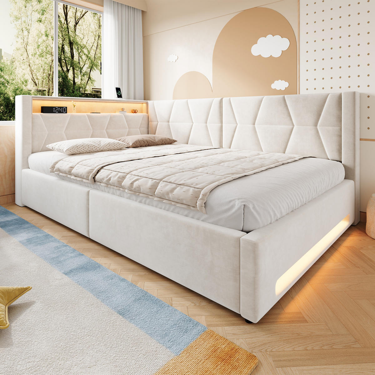 POLSTERBETT 140/200 cm in Beige mit Bettkasten, LED, USB und Type-C aus Samt mit Kopfteil - Beige, Holzwerkstoff/Textil (140/200cm) - STILVORA