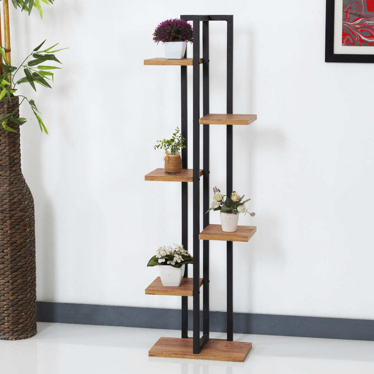 PFLANZENREGAL Tohmajärvi - Walnussfarben/Schwarz, Holzwerkstoff/Metall (34/120/21cm) - [en.casa]