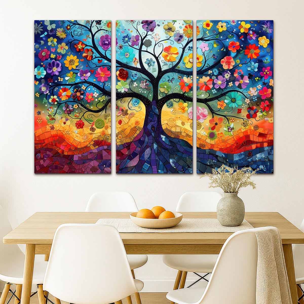 LEINWANDBILD 3er Set Bunt - Baum des Lebens - Blumen - Abstrakt 120x80 cm - Blau, Textil (120/80cm) - MuchoWow