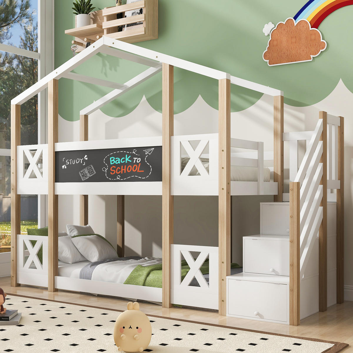 ETAGENBETT 90/200 cm Baumhaus mit Treppe Stauraum und Rausfallschutz - Weiß, Holzwerkstoff (90/200cm) - OKWISH