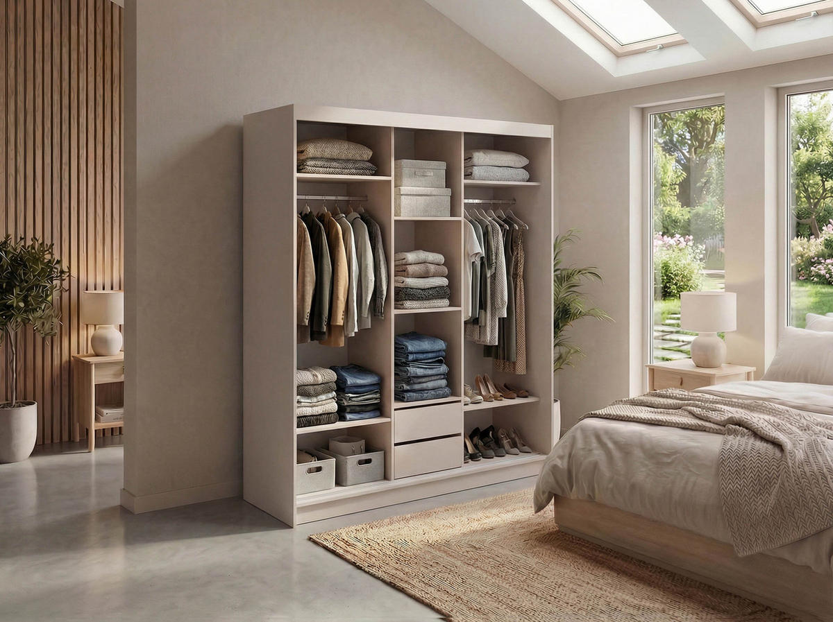SCHWEBETÜRENSCHRANK mit Spiegel und Schubladen - WALENCJA - 180 - Kaschmir-Grau lacobel - Kaschmir/Alufarben, Holzwerkstoff/Metall (180/216/61cm) - MKS