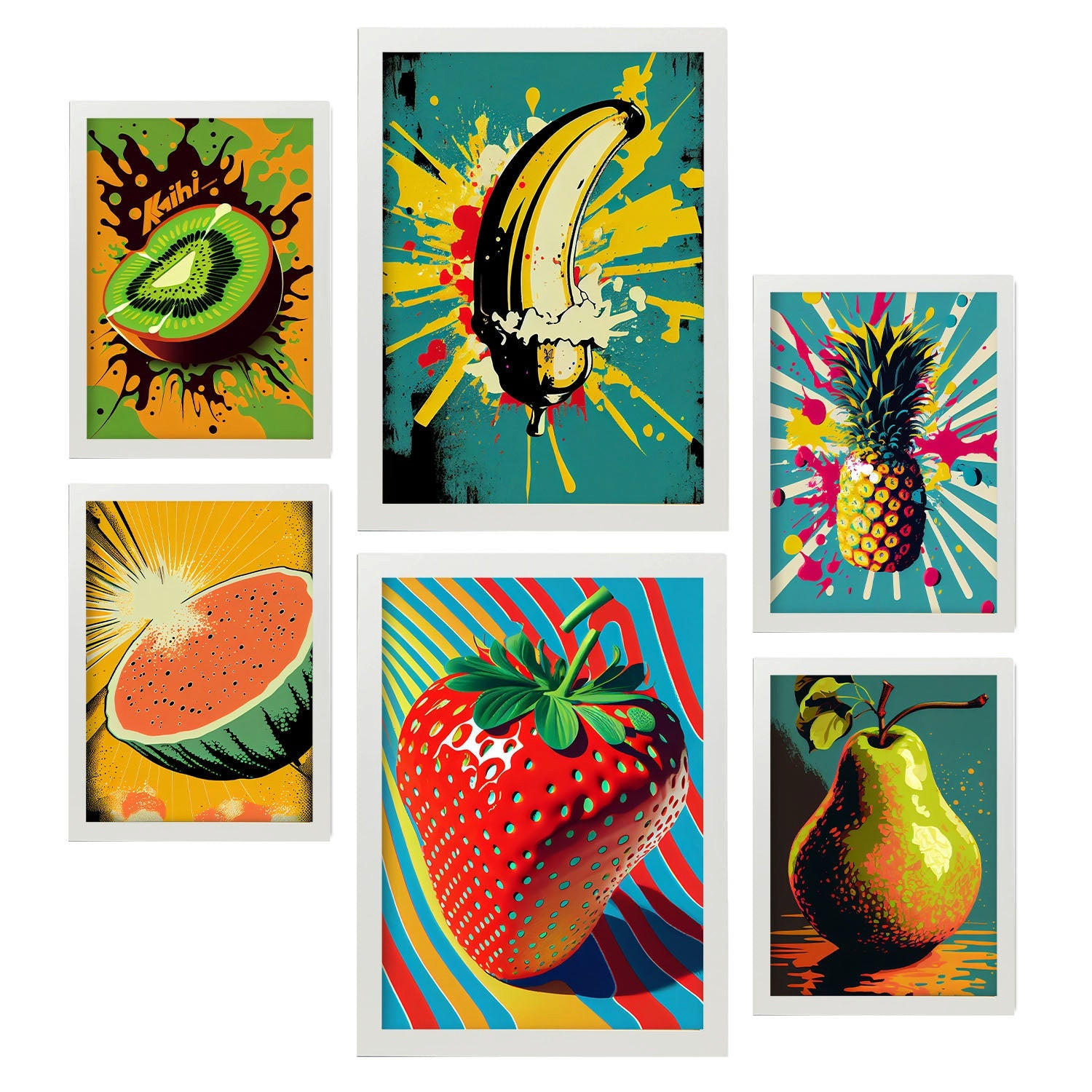 POSTER Set Mit 6 Sommerzeit Vollfarbige Plakate Von Obst, Gemüse Und Gesunden Lebensmitteln Im Urban Art Stil Innenarchitektur A3 & A4 Weißer Rahmen - Weiß, Papier (29/3cm) - Nacnic